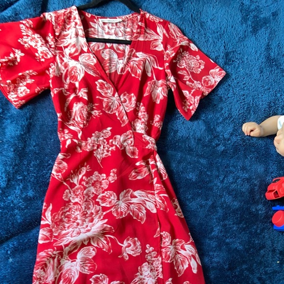 open lace back dress Women's Wrap Dress Short Mini Dress White Red Short Sleeve Floral Print  Summer V Red XL at Amazon Women's Clothing store main image 1